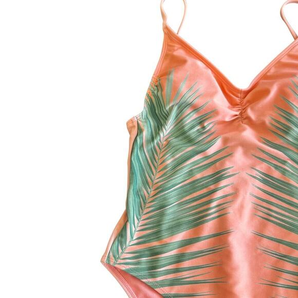 XHILARATION Peach Green Tropical Palm Tree Print One Piece Swimsuit Women's Sz M - Picture 4 of 13